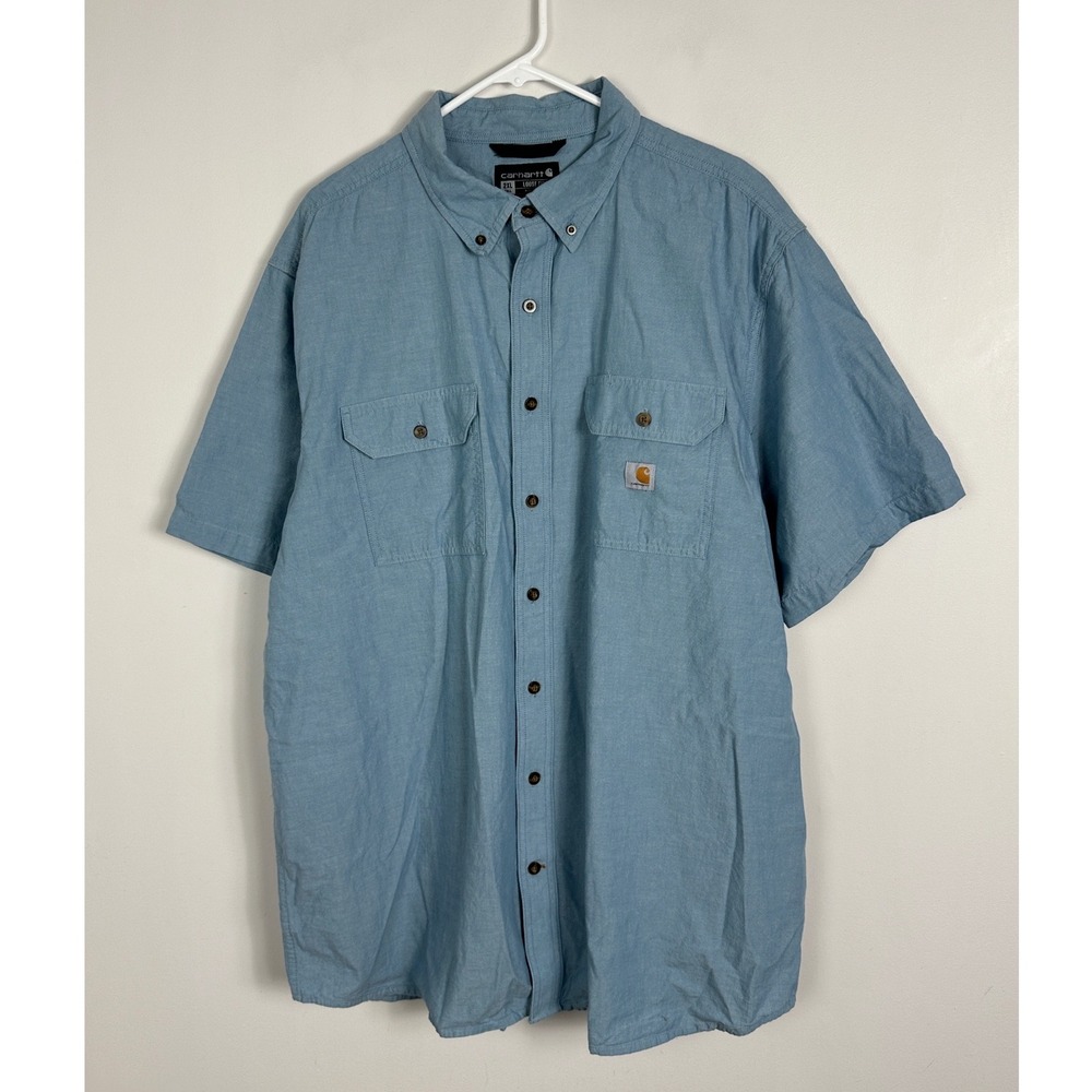 Carhartt Mens Shirt Size 2XL Tall Loose Fit Blue Short Sleeve Button Down XXL